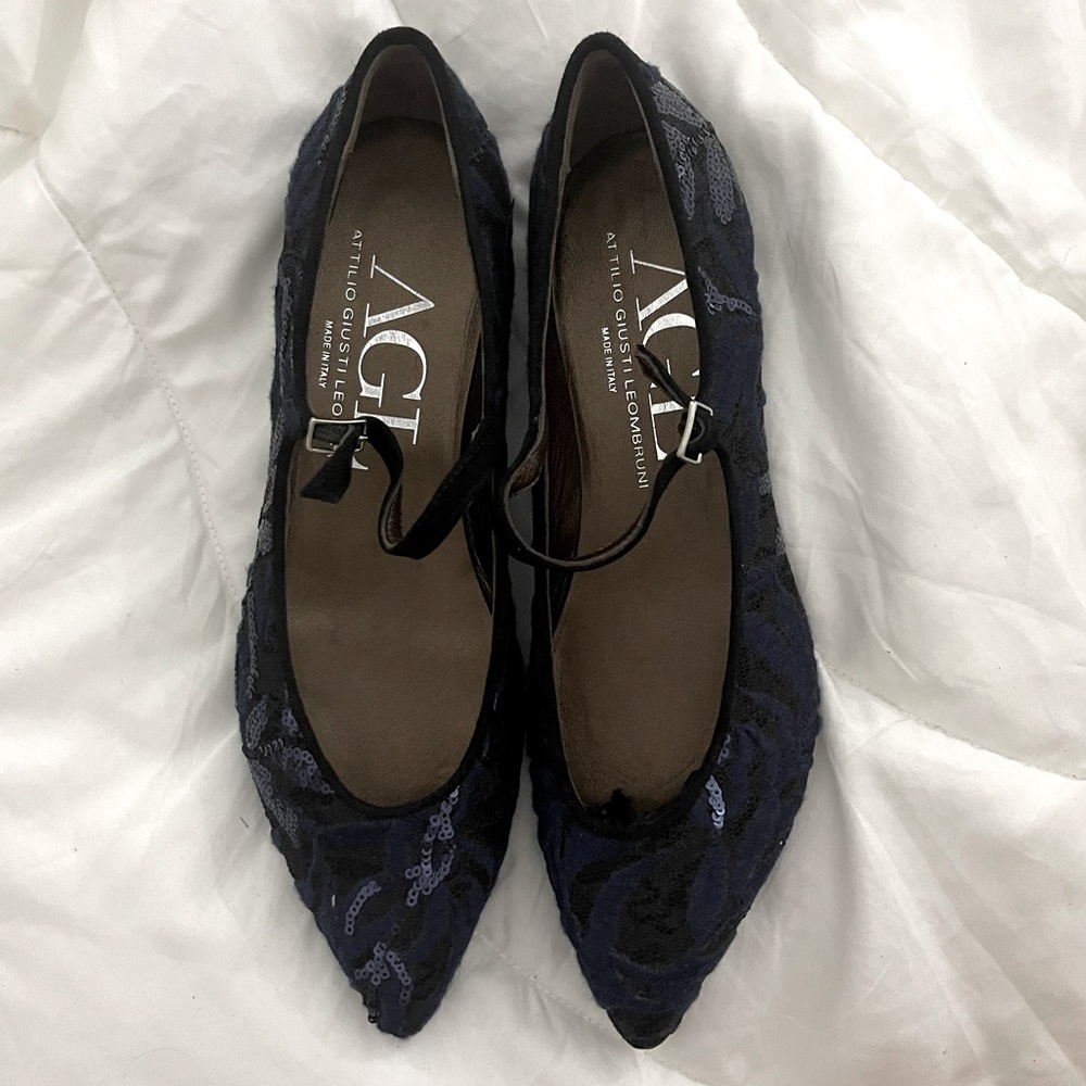 AGL Pointed Toe Blue Sequin Ballet Flat with Suede Strap US 10/ EU 40 shoe
